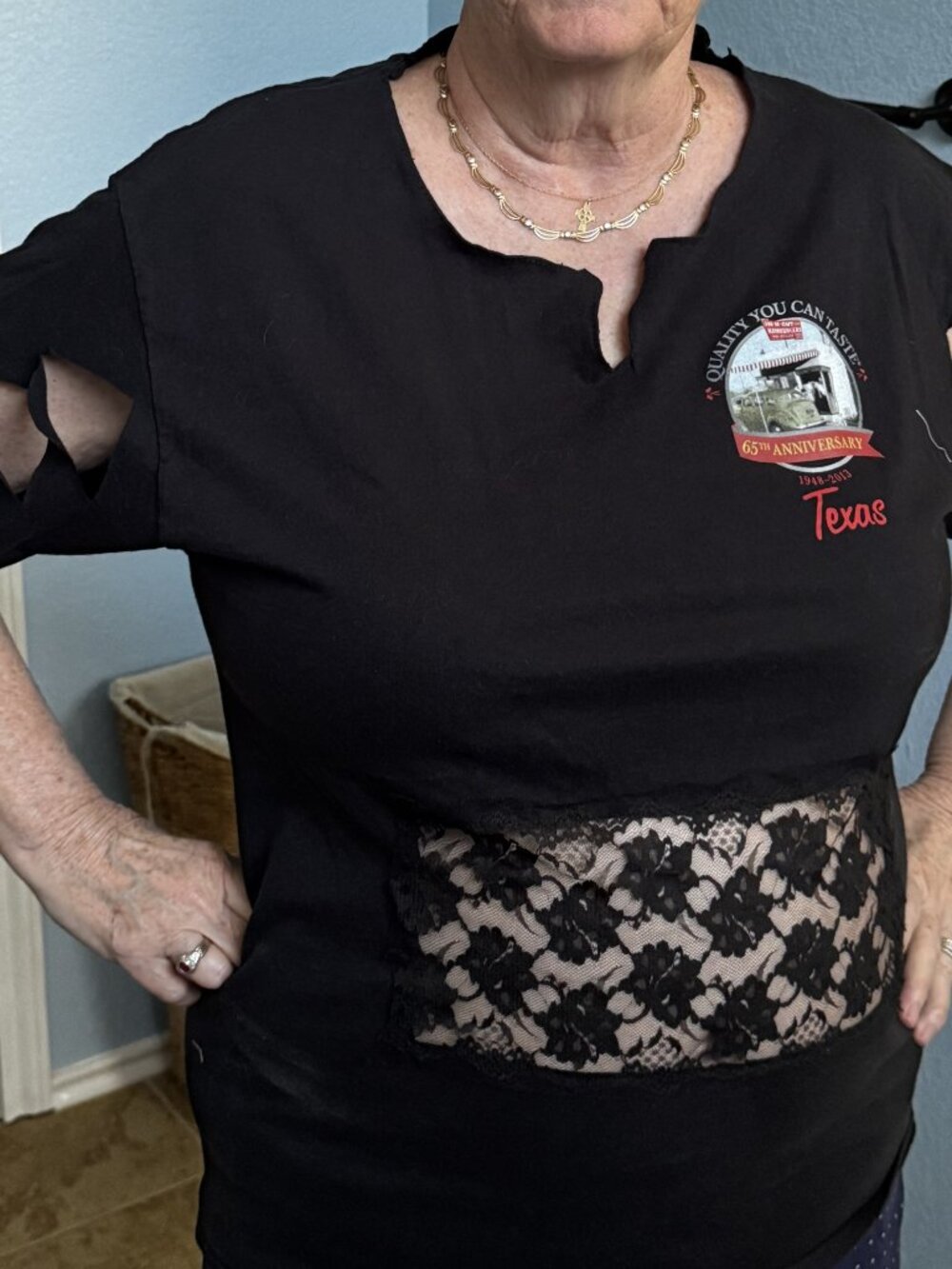 upcycled IN-n-OUT vintage t-shirt - 2013 65th anniversary with black lace insert
